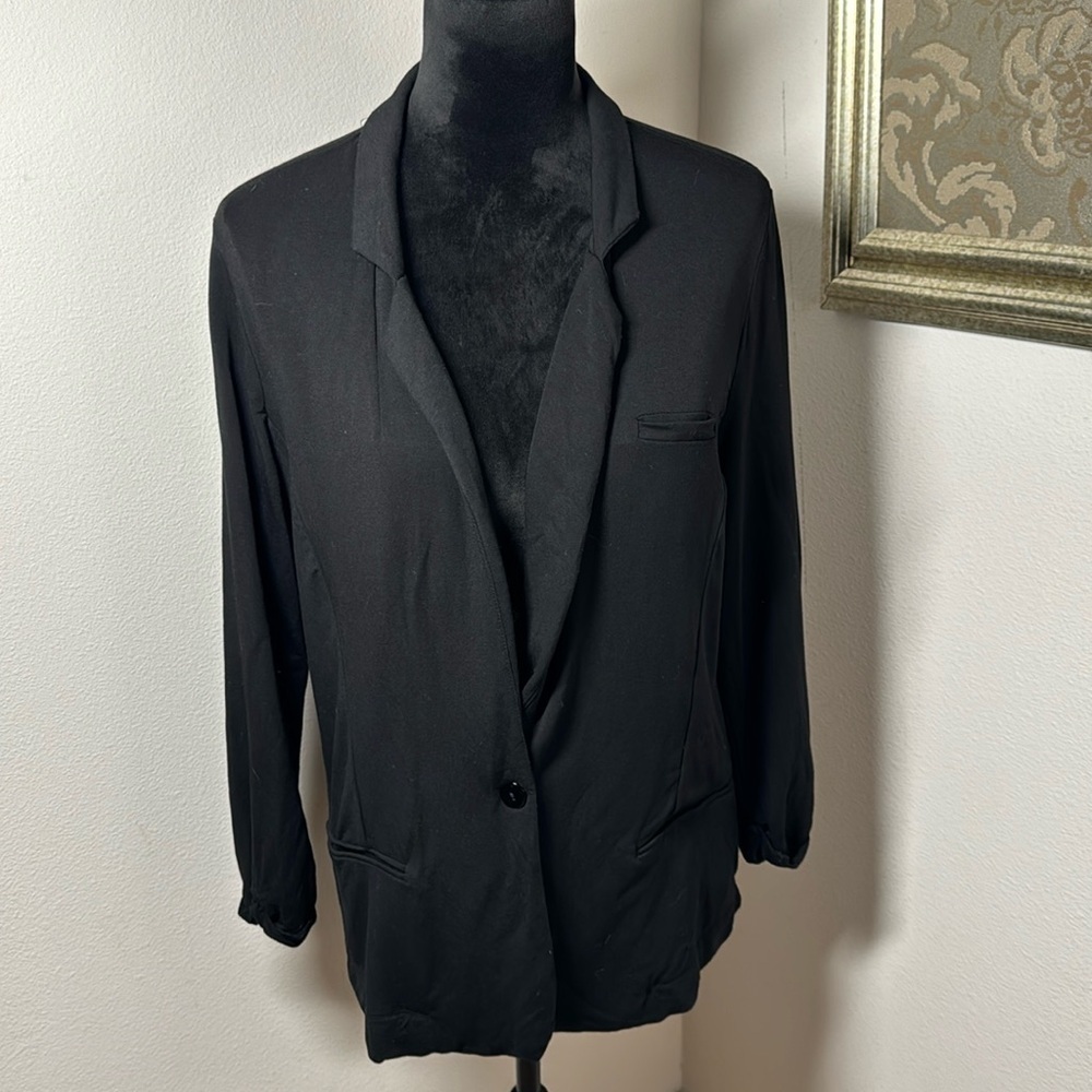 LE LIS Black minimalist casual blazer stretch soft knit fabric single button L